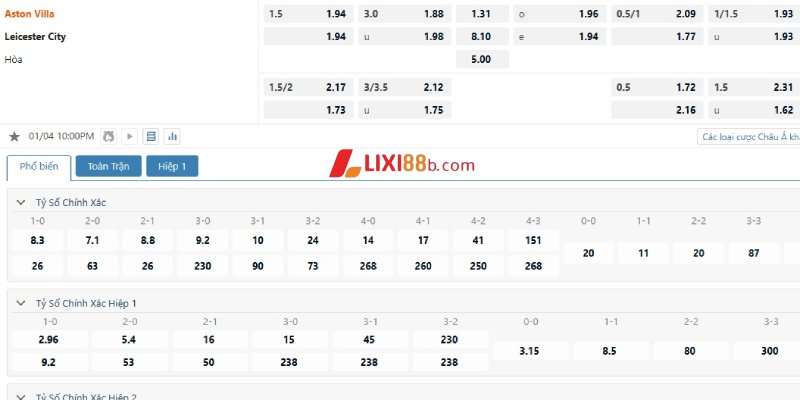 Tỉ lệ cá cược trận Aston Villa vs Leicester
