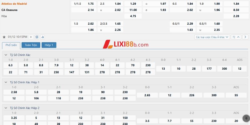 Tỉ lệ cược đáng chú ý trận Atletico Madrid vs Osasuna