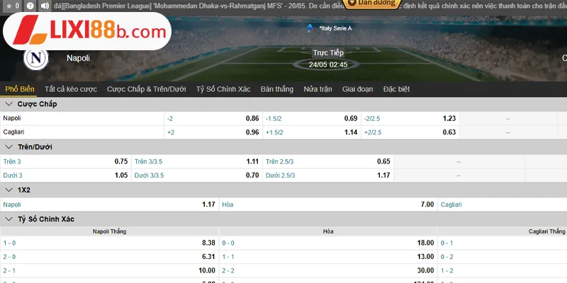 Tỷ lệ kèo Napoli vs Cagliari ngày 24/5/2025