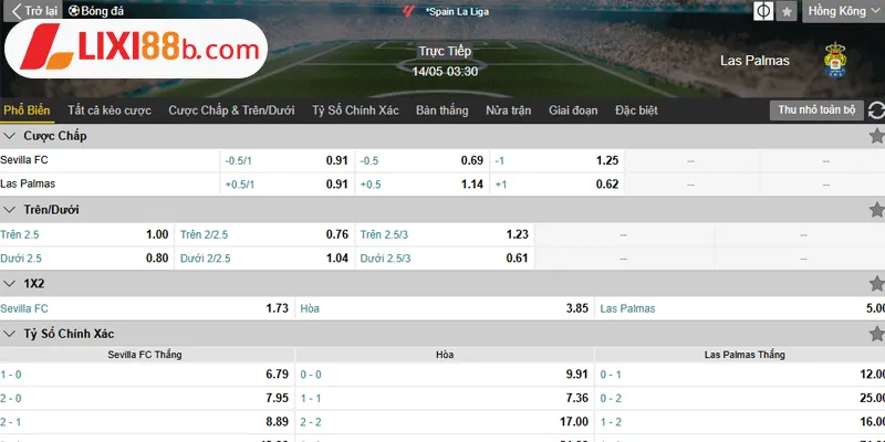 Bảng kèo Sevilla vs Las Palmas ngày 14/5/2025Bảng kèo Sevilla vs Las Palmas ngày 14/5/2025
