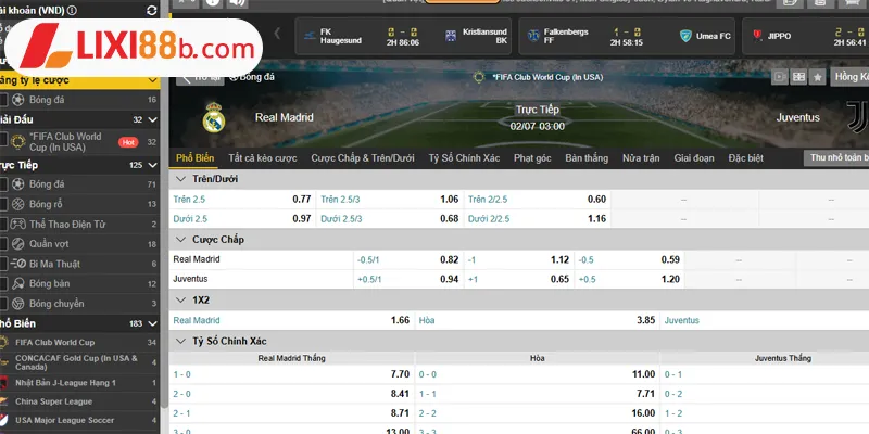 Bảng kèo Real Madrid vs Juventus ngày 02/07/2025