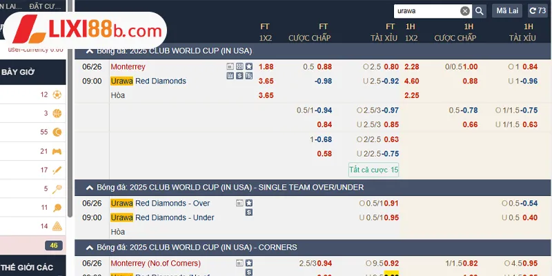 Bảng kèo Urawa Reds vs Monterrey ngày 26/06/2025