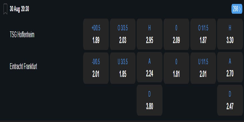 Hoffenheim vs Eintracht Frankfurt - bảng tỷ lệ kèo