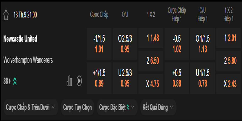 Newcastle vs Wolves - bảng tỷ lệ kèo