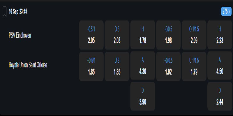 PSV Eindhoven vs Royal Union SG - bảng tỷ lệ kèo