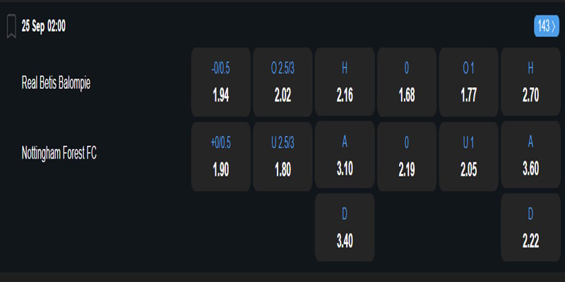 Real Betis vs Nottingham - bảng tỷ lệ kèo.